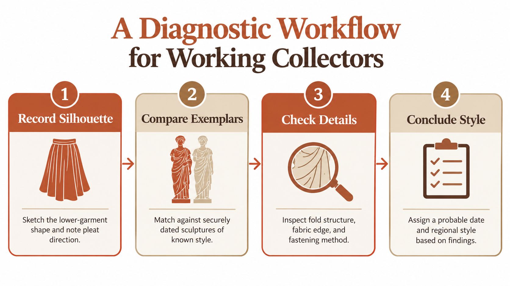A four-step infographic illustrating a diagnostic workflow for antique collectors to identify historic garment styles.