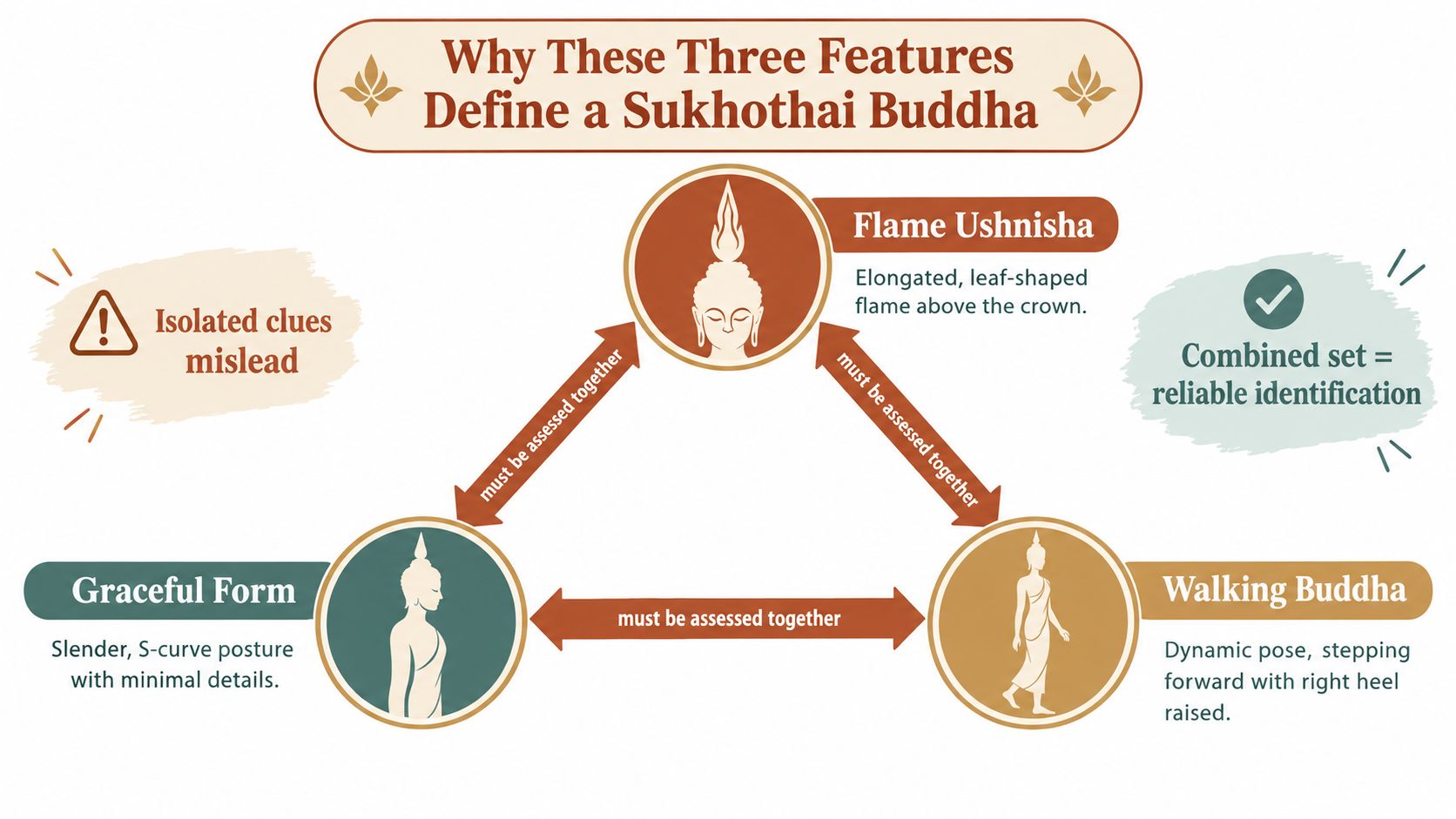 A diagram explaining three key features to identify a Sukhothai Buddha statue: flame ushnisha, graceful form, and walking buddha.