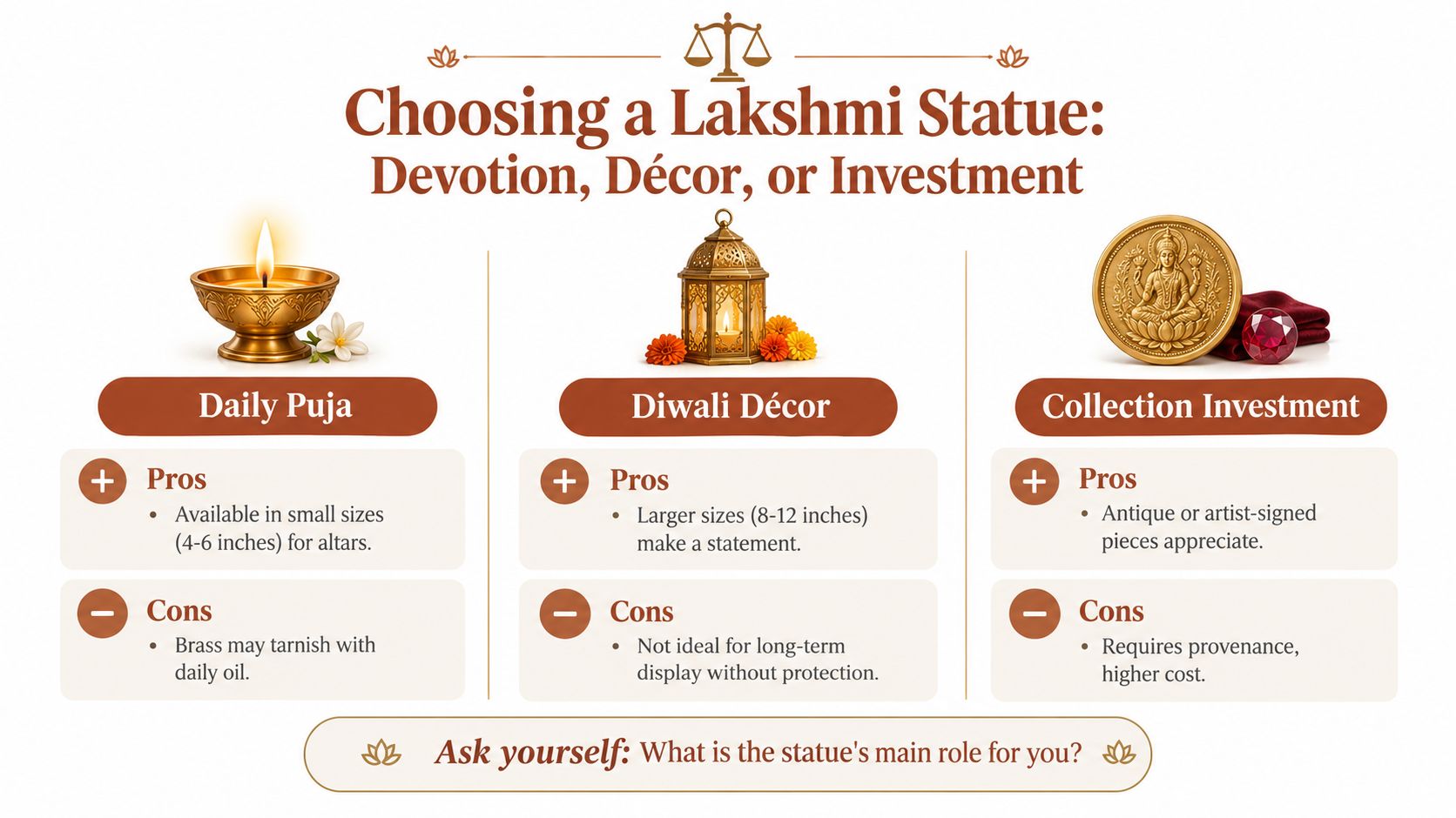 A guide illustrating how to choose a Lakshmi statue for daily puja, Diwali decor, or investment purposes.