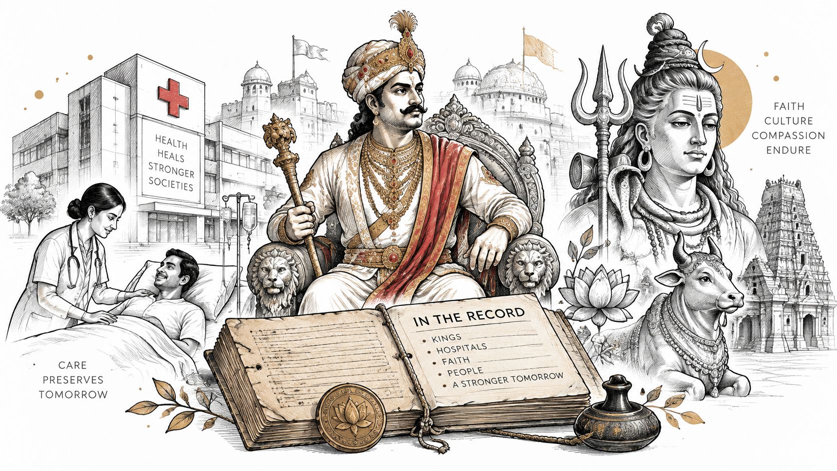 An artistic illustration featuring King Jayavarman VII, healthcare symbols, Shiva, and a record book representing historical legacy.