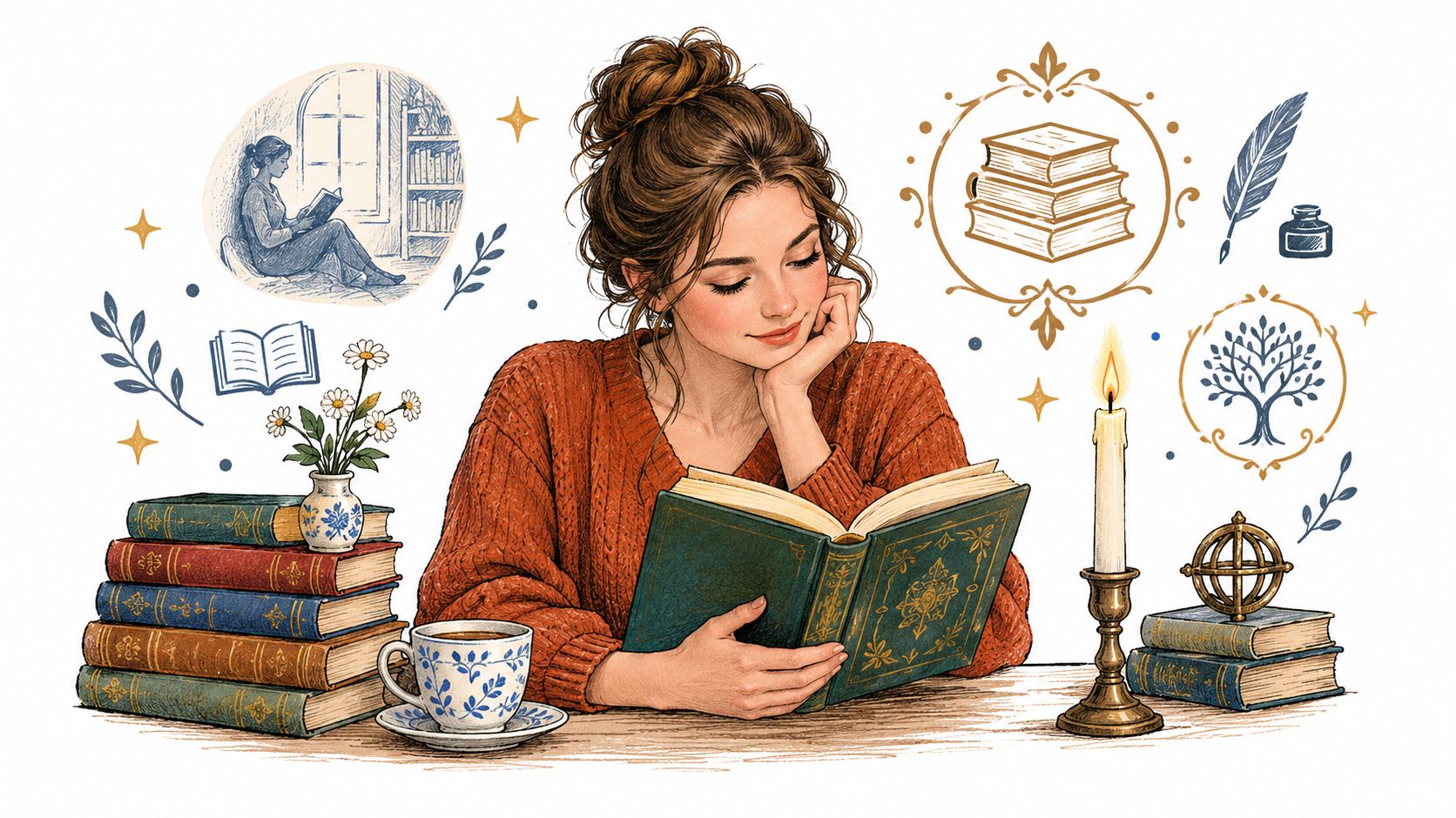 A young woman in a cozy orange sweater reading a book by candlelight at her wooden desk.
