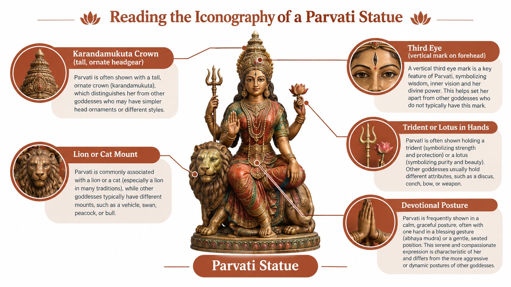 A detailed infographic explaining the iconographic features and symbolism of a traditional Hindu Parvati goddess statue.