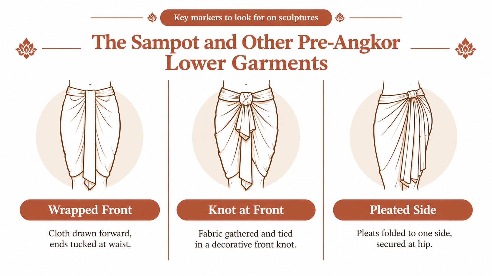 A diagram illustrating three different styles of traditional Khmer lower garments worn by pre-Angkor era sculptures.