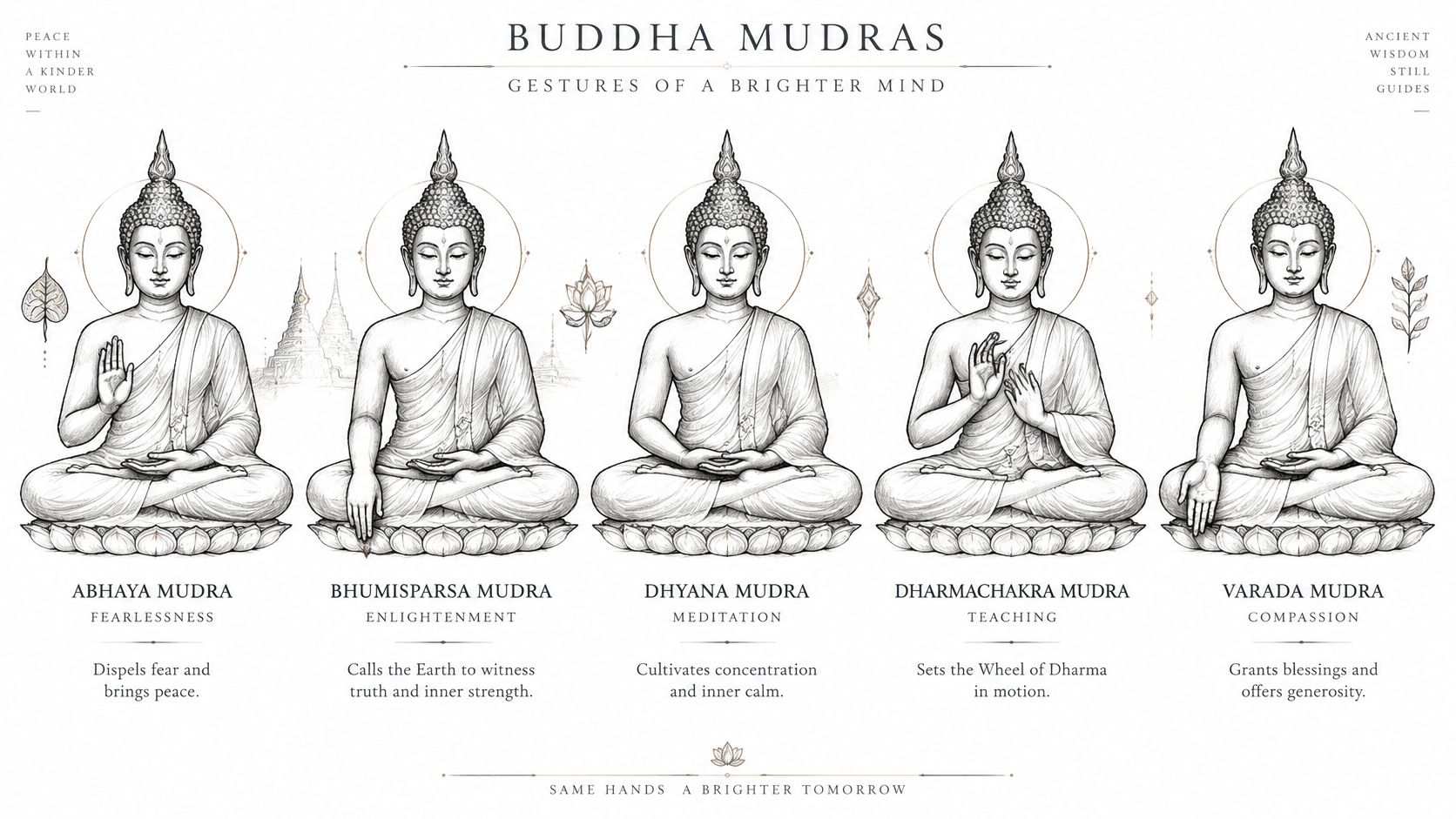 A line art illustration depicting five different Buddha mudras with their names, meanings, and symbolic significance explained.