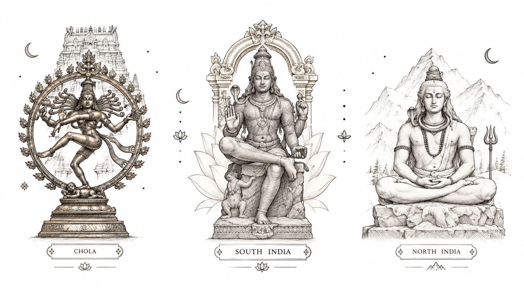Three artistic illustrations of Lord Shiva depicting Chola Nataraja, a South Indian seated pose, and a North Indian meditation.