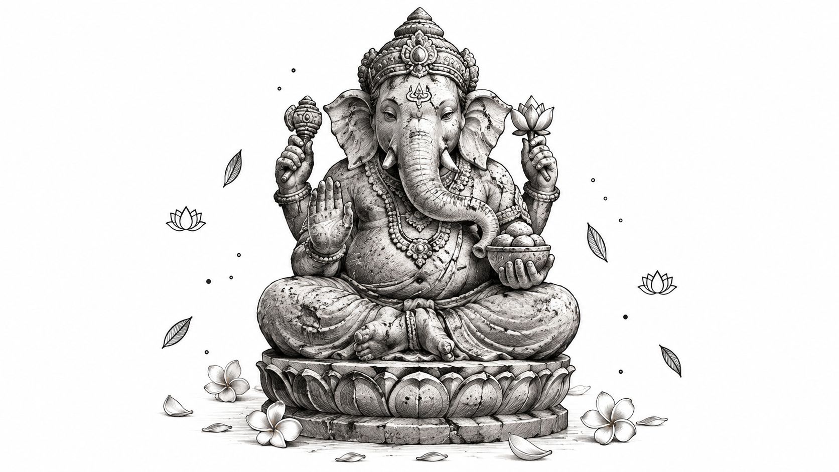 A detailed stone-style sketch of Lord Ganesha sitting on a lotus pedestal, decorated with floating flowers.