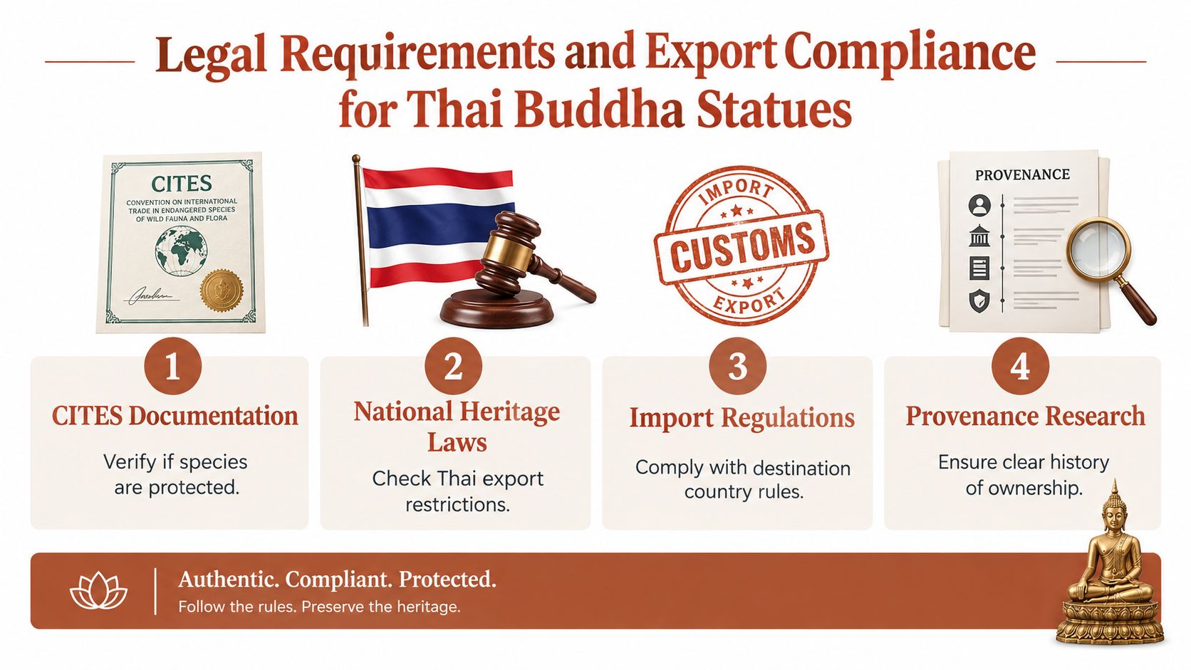 An infographic detailing legal requirements and export compliance steps for legally exporting Thai Buddha statues internationally.