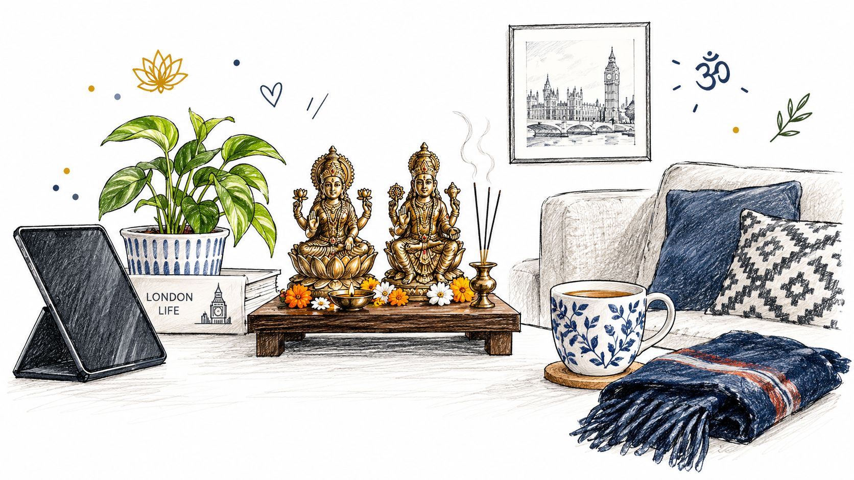 A cozy living room setting featuring brass statues of Lakshmi and Vishnu, an incense burner, and decor.