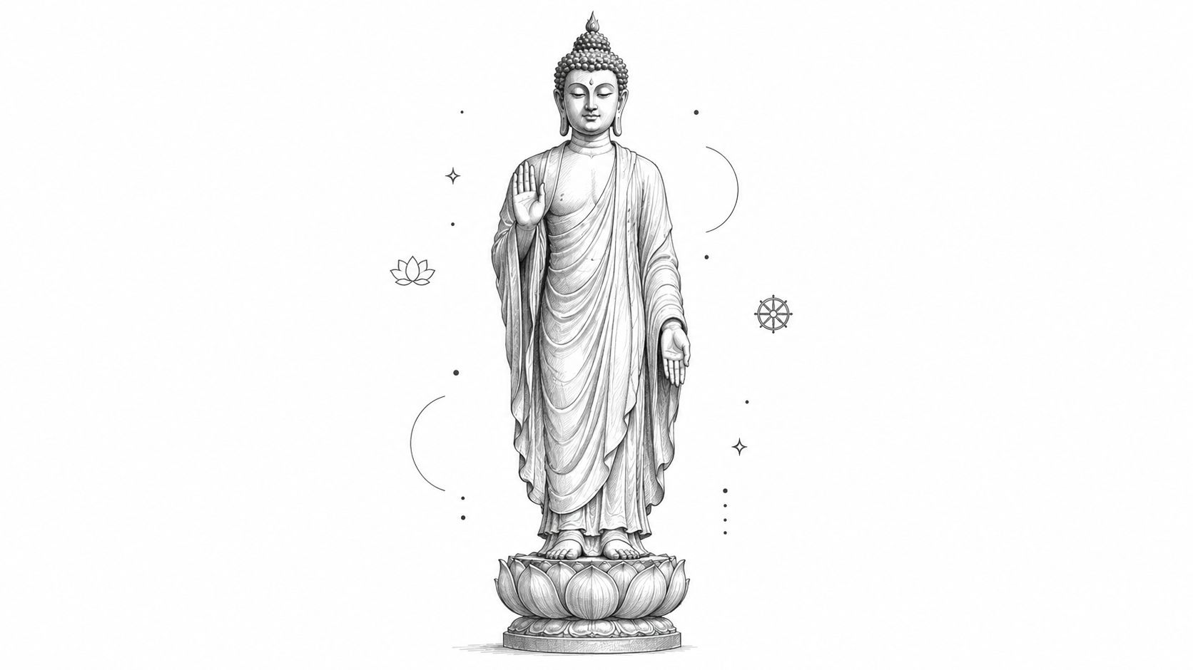 A detailed pencil sketch of a standing Buddha statue balanced on a lotus flower base with symbols.