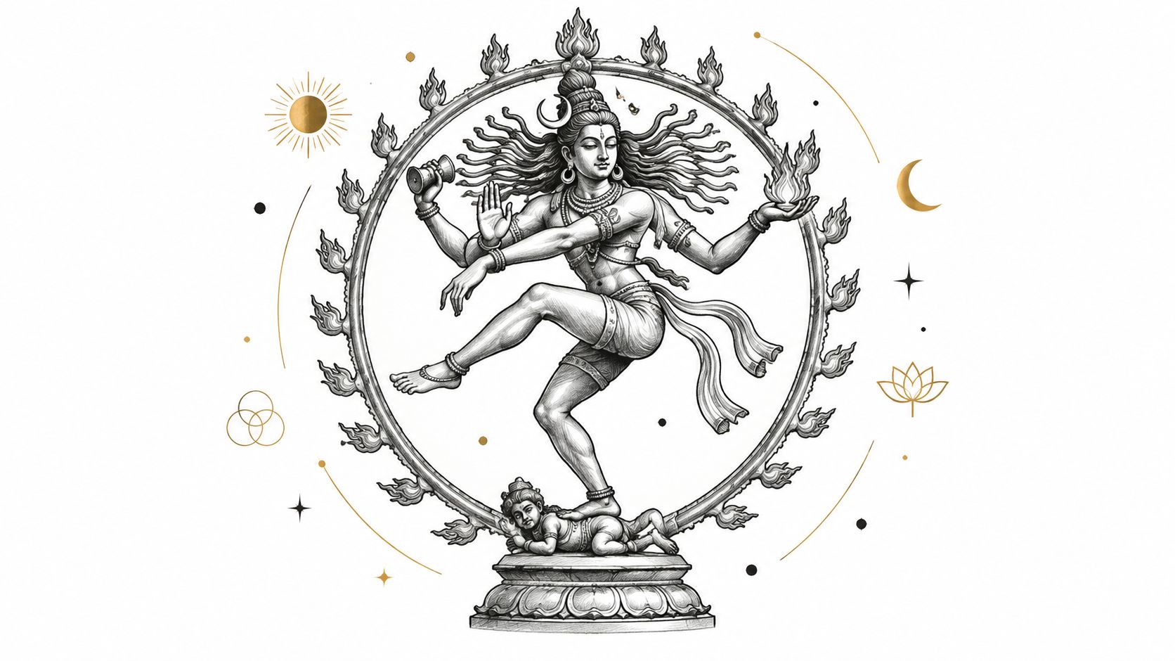 An artistic charcoal drawing of Lord Shiva as Nataraja dancing within a flaming cosmic circle of fire.