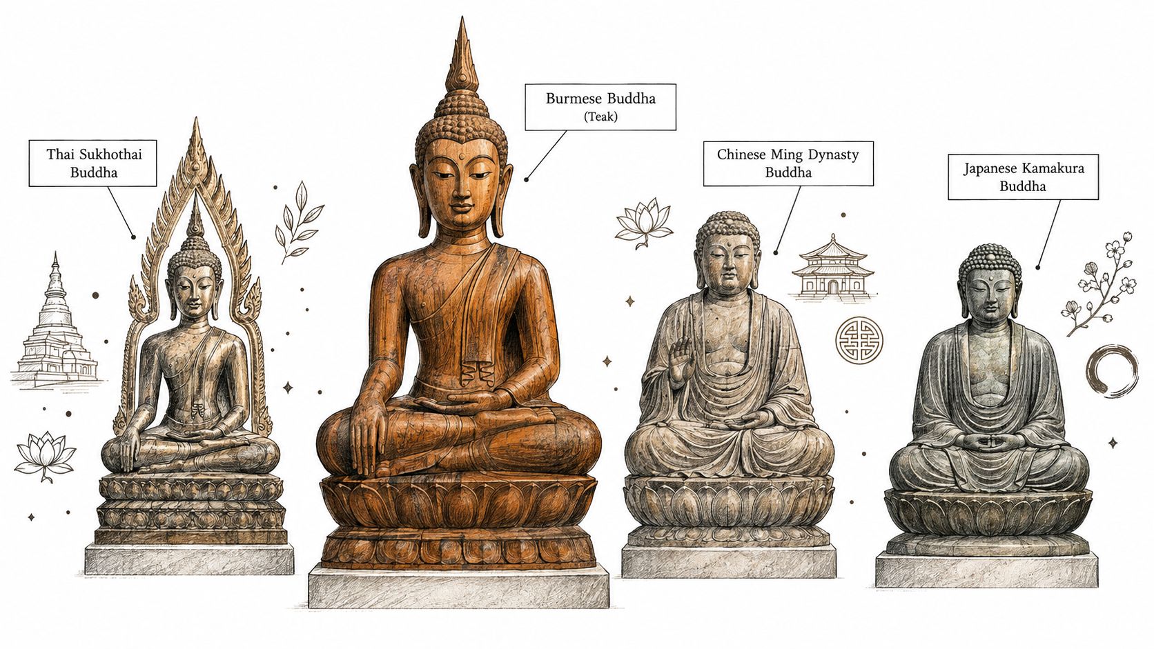Une illustration montrant quatre statues de Bouddha antiques distinctes de Thaïlande, Birmanie, Chine, et Japon.