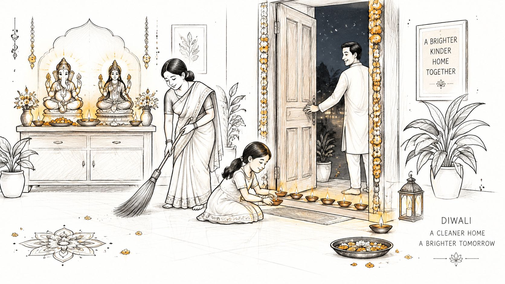 Une famille se prépare pour Diwali en nettoyant la maison et en allumant des lampes à huile ensemble à l'entrée.