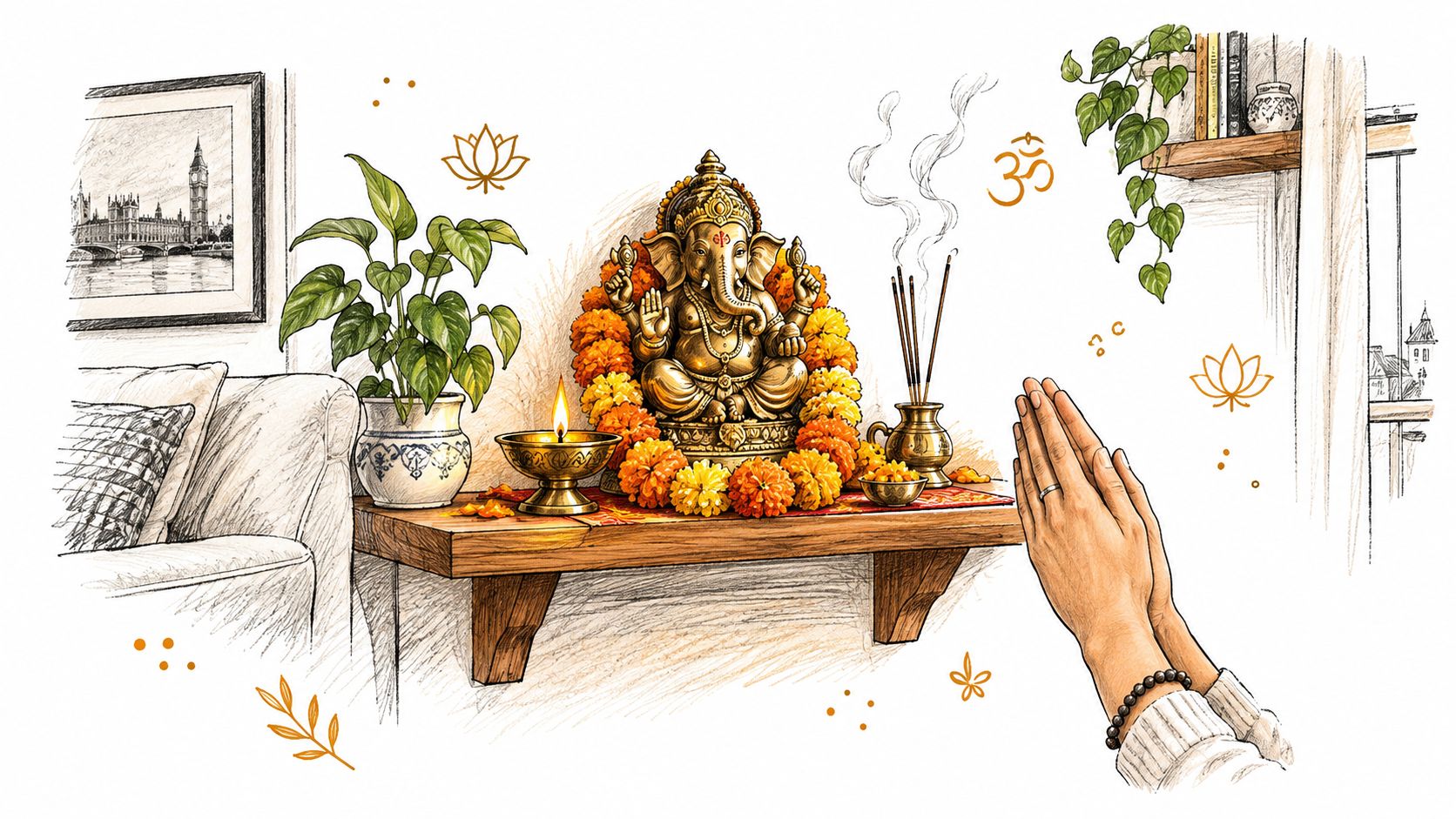 A hand-drawn illustration of a golden Lord Ganesha statue on a shelf with praying hands in front.