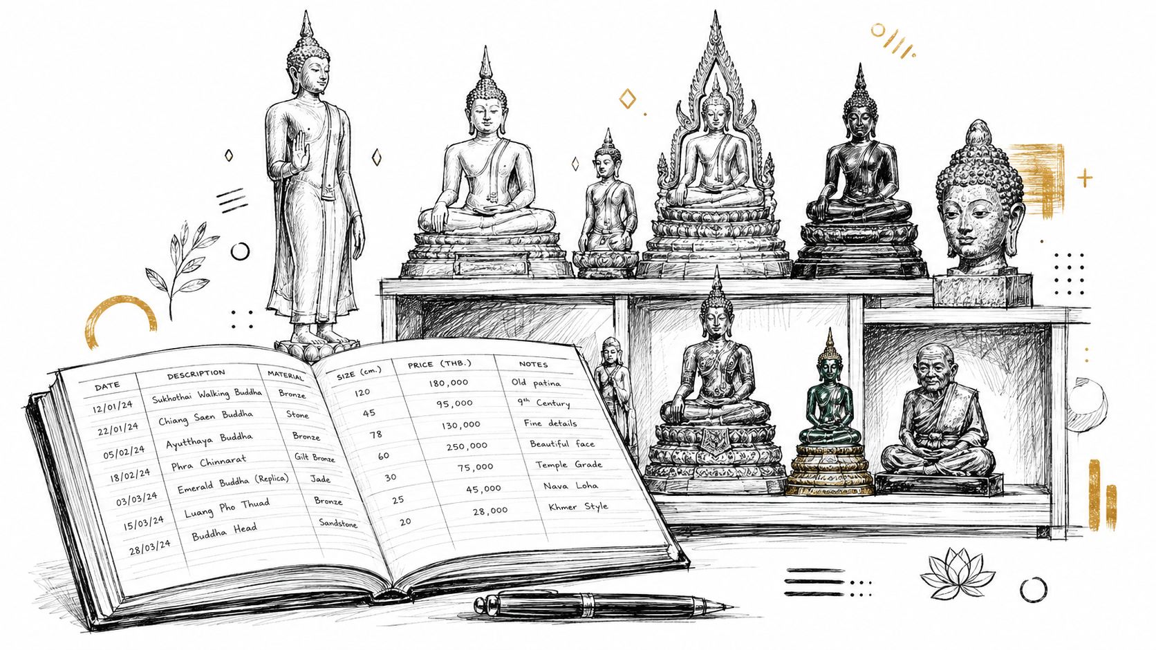 A detailed illustration of various Thai Buddha statues arranged on shelves with an open ledger book nearby.