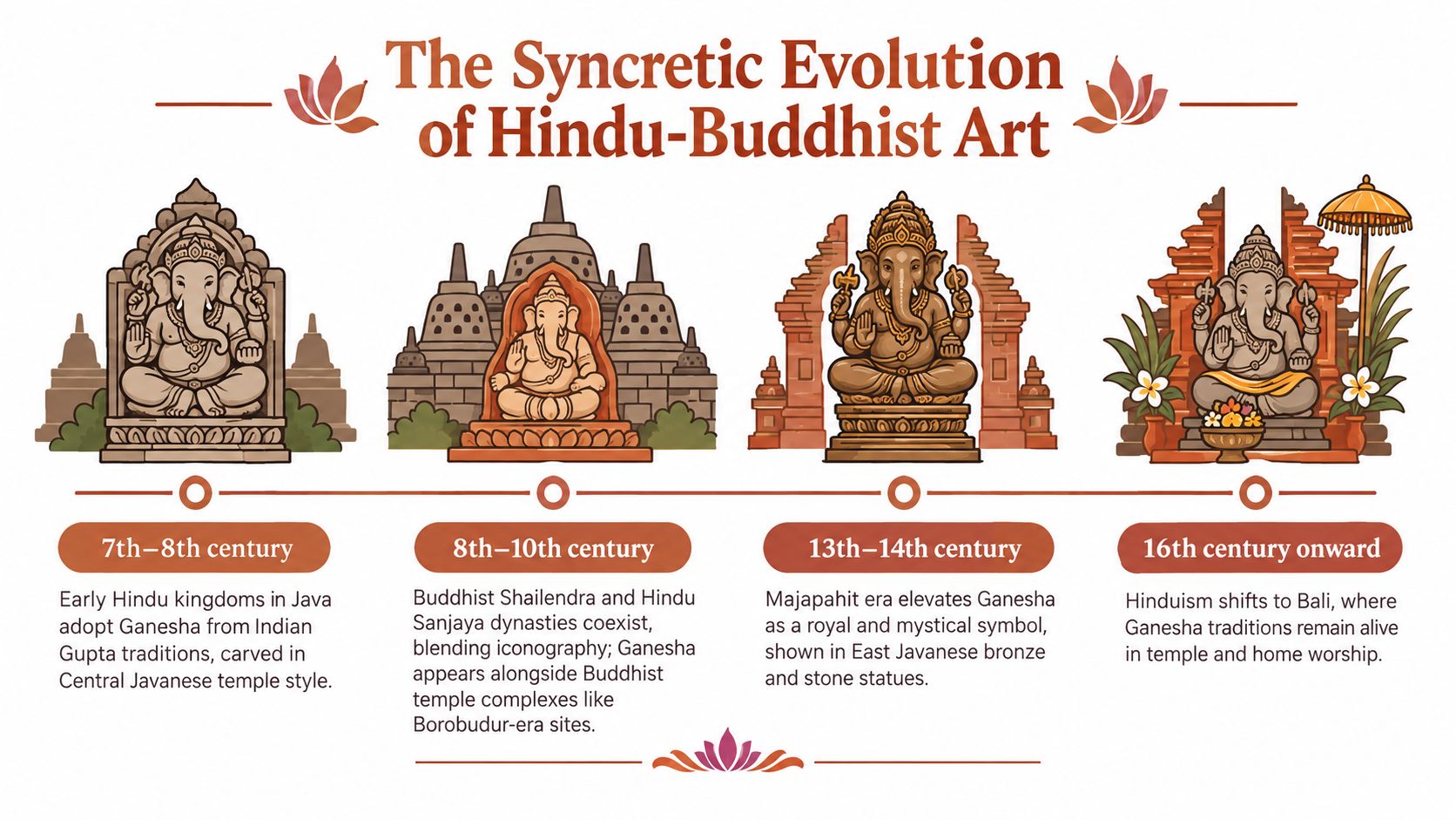 An infographic illustrating the historical evolution of Ganesha art across Indonesian Hindu-Buddhist traditions from the 7th century.