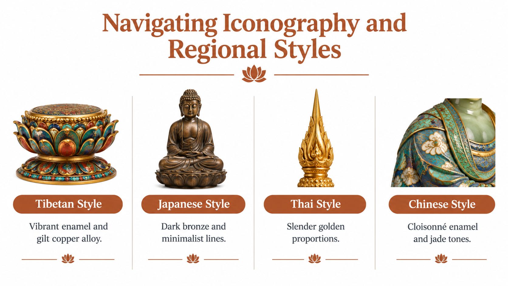 An infographic displaying four different regional styles of Buddhist religious art and iconography with descriptions.