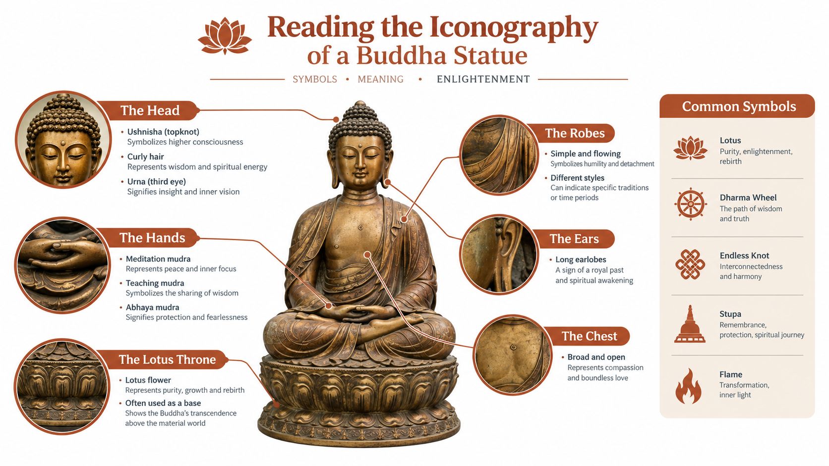 A detailed infographic explaining the symbolic meaning of various features and iconography on a Buddha statue.