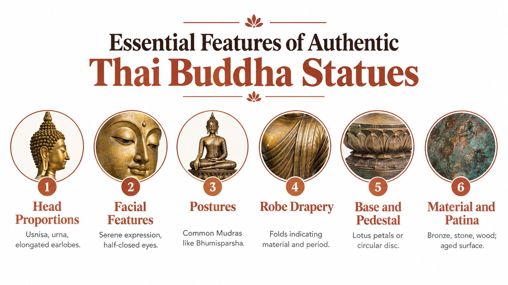 An infographic showing six essential features of authentic Thai Buddha statues for collectors and enthusiasts.
