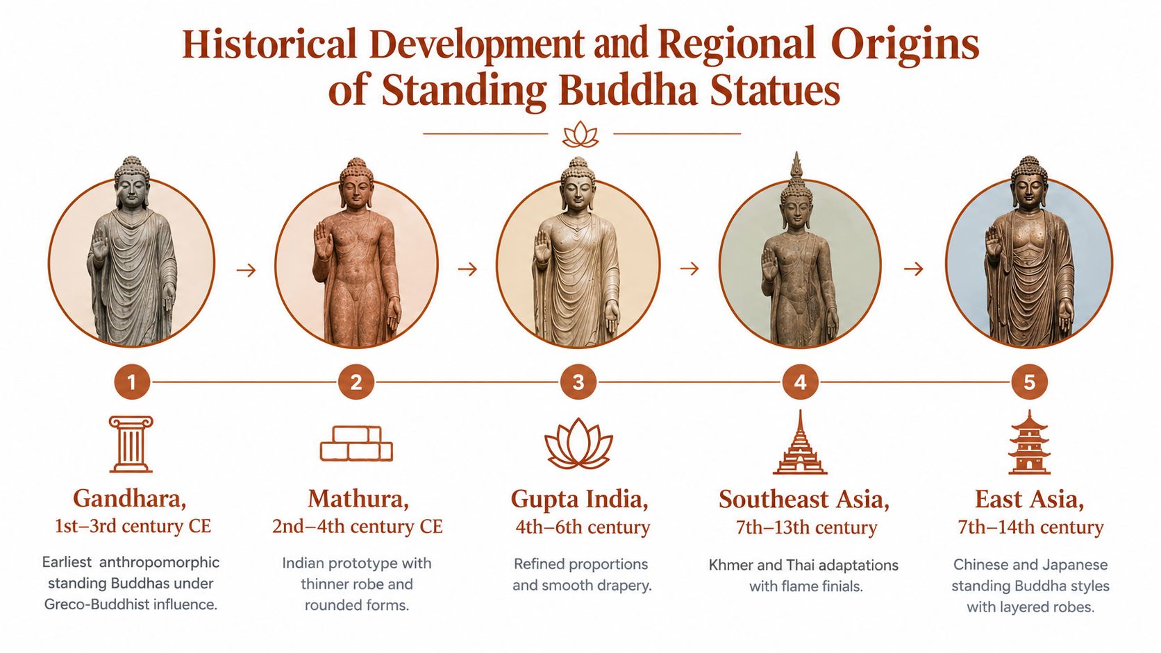 A timeline chart illustrating the historical development and regional origins of standing Buddha statues from ancient times.