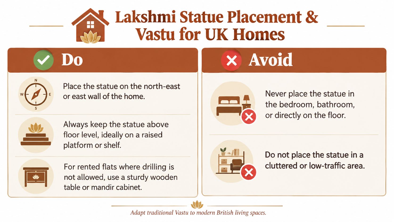 An infographic titled Lakshmi Statue Placement & Vastu for UK Homes with do and avoid guidelines.
