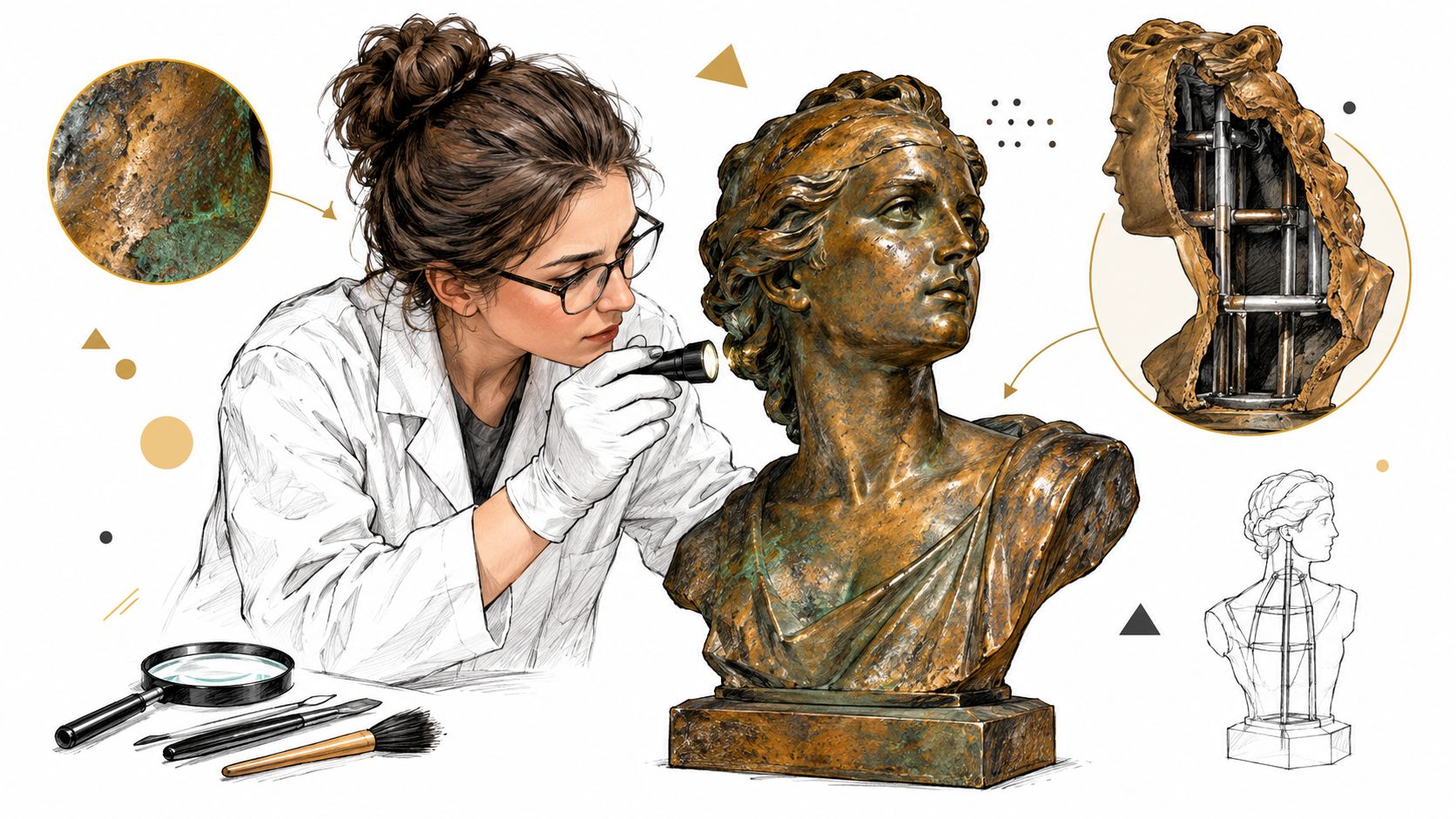 A professional art conservator carefully examines a weathered antique bronze bust using a flashlight and tools.
