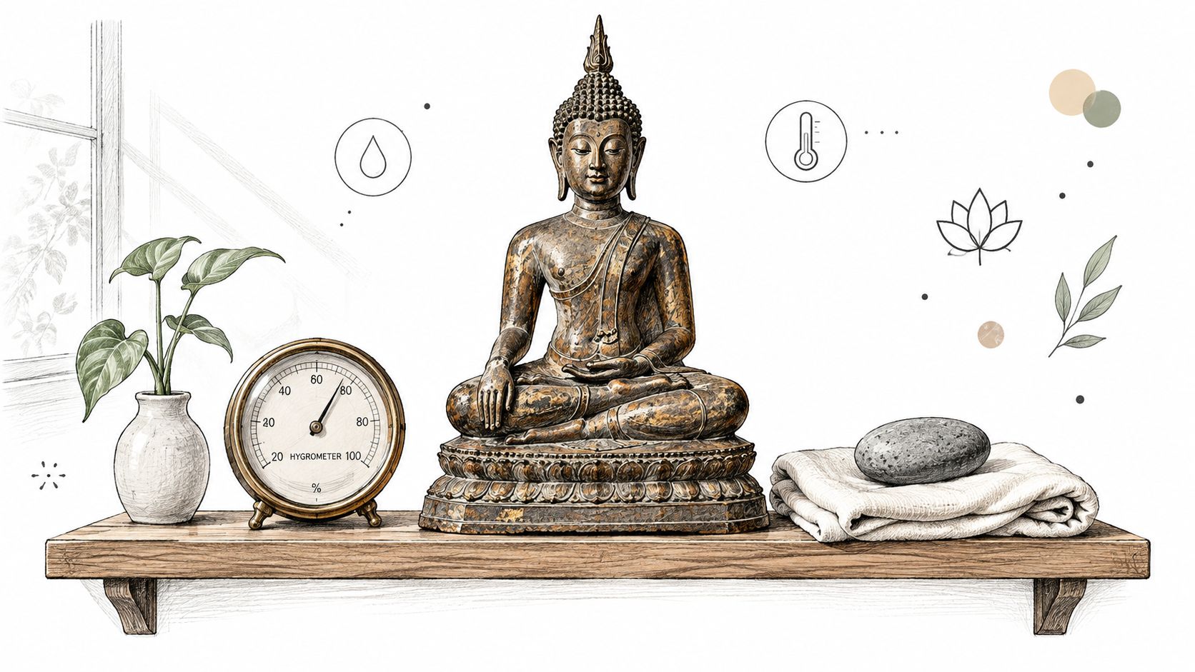 A serene antique Thai Buddha statue sits on a wooden shelf next to a plant and hygrometer.