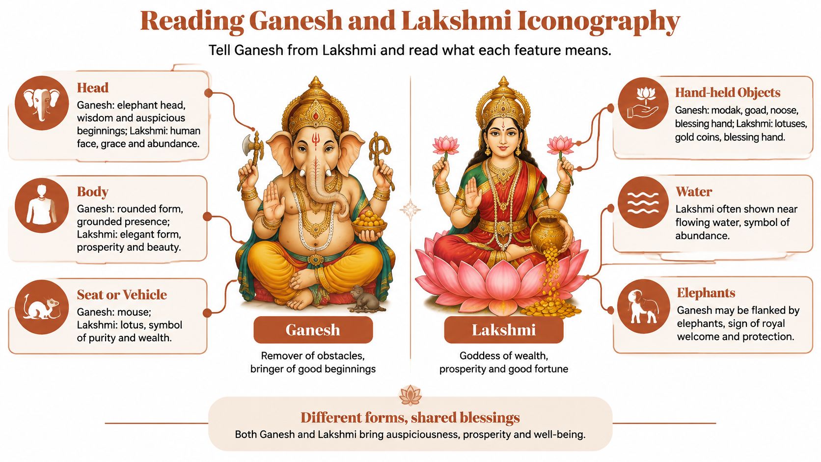 Une infographie détaillant les caractéristiques iconographiques distinctes des divinités hindoues Ganesha et de la déesse Lakshmi.