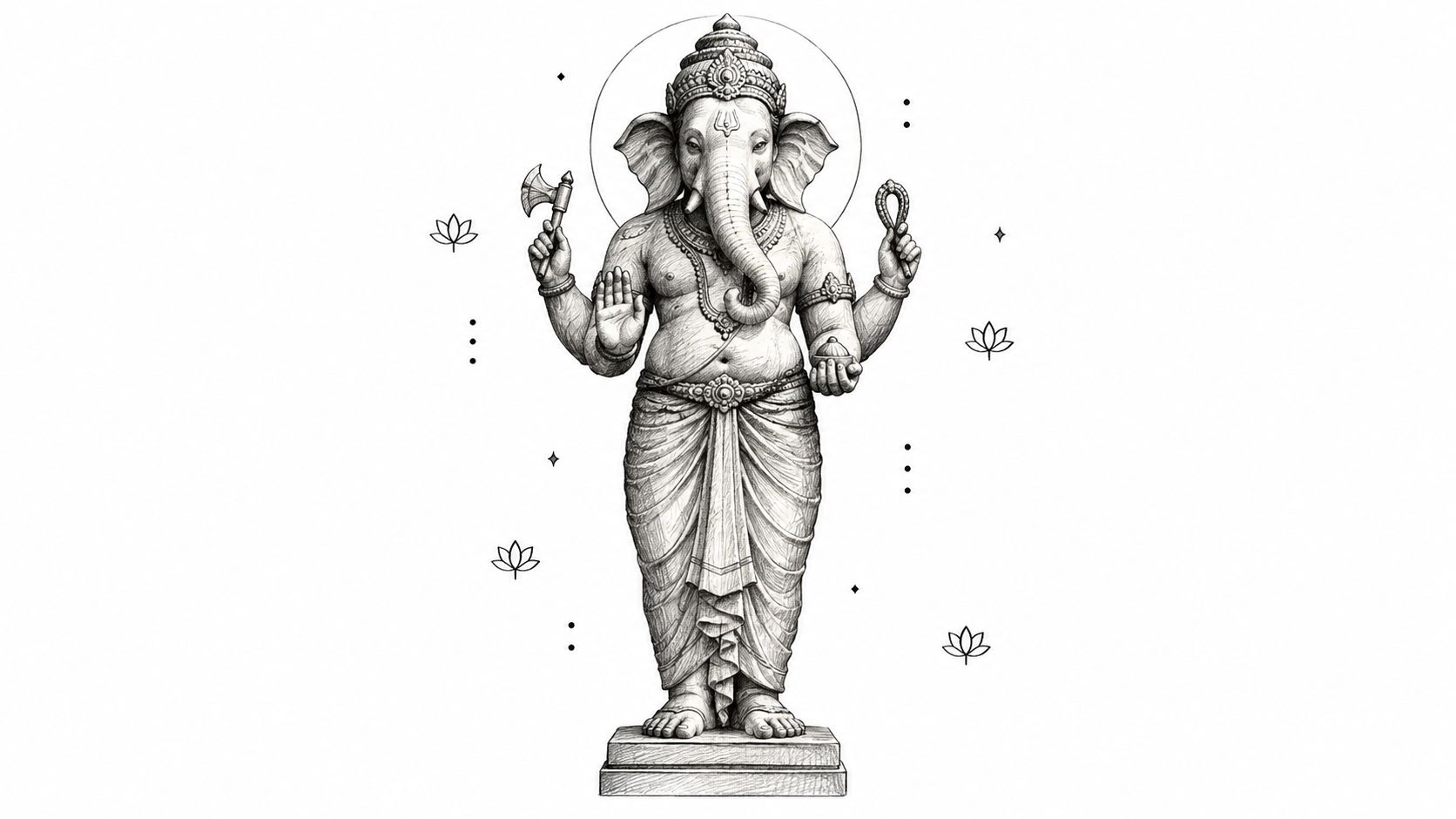 A detailed charcoal-style sketch of a standing Ganesha deity with four arms on a white background.