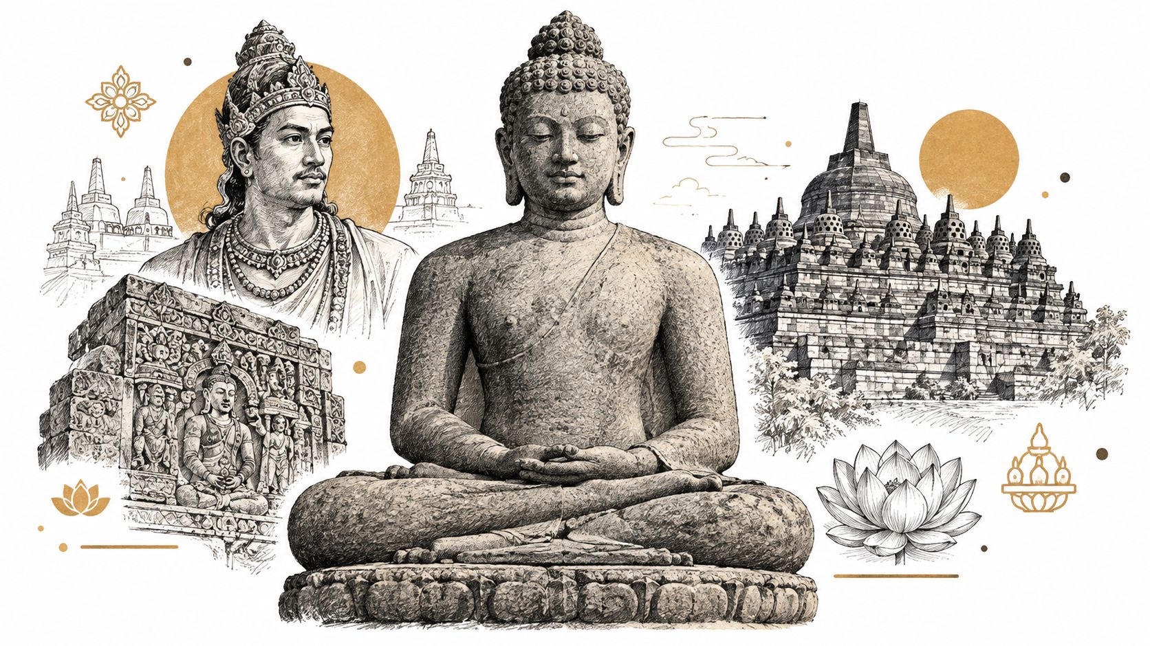 An artistic composition featuring a seated Buddha statue, Borobudur temple, and traditional Indonesian royal imagery.