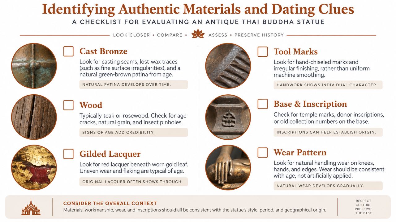 A checklist infographic outlining key features to authenticate antique Thai Buddha statues, including material and wear signs.