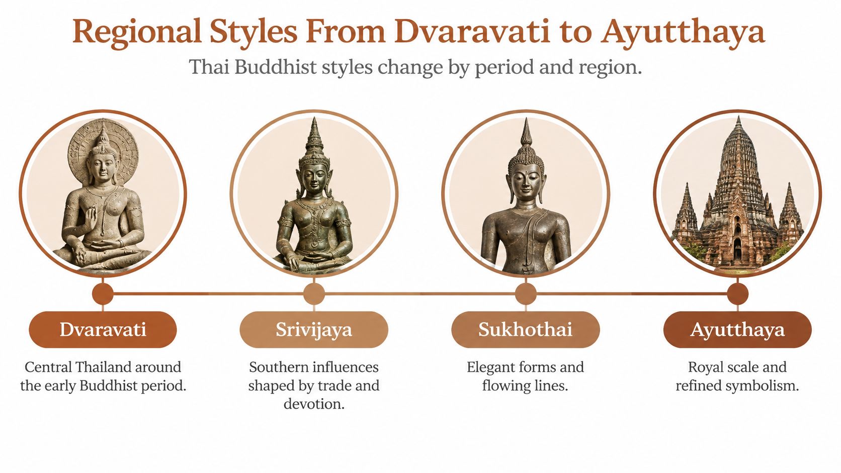 A timeline chart showing the evolution of Thai Buddhist artistic styles from Dvaravati to Ayutthaya periods.
