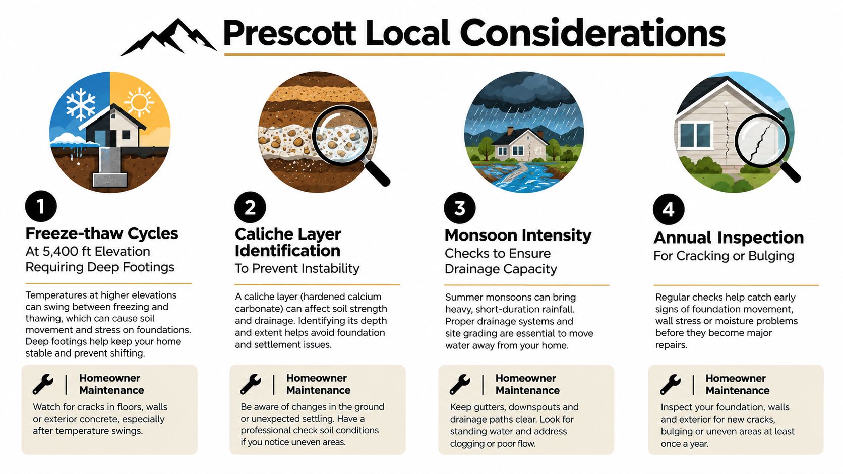 An infographic detailing four local construction considerations for homes in Prescott, including foundations, soil, drainage, and maintenance.