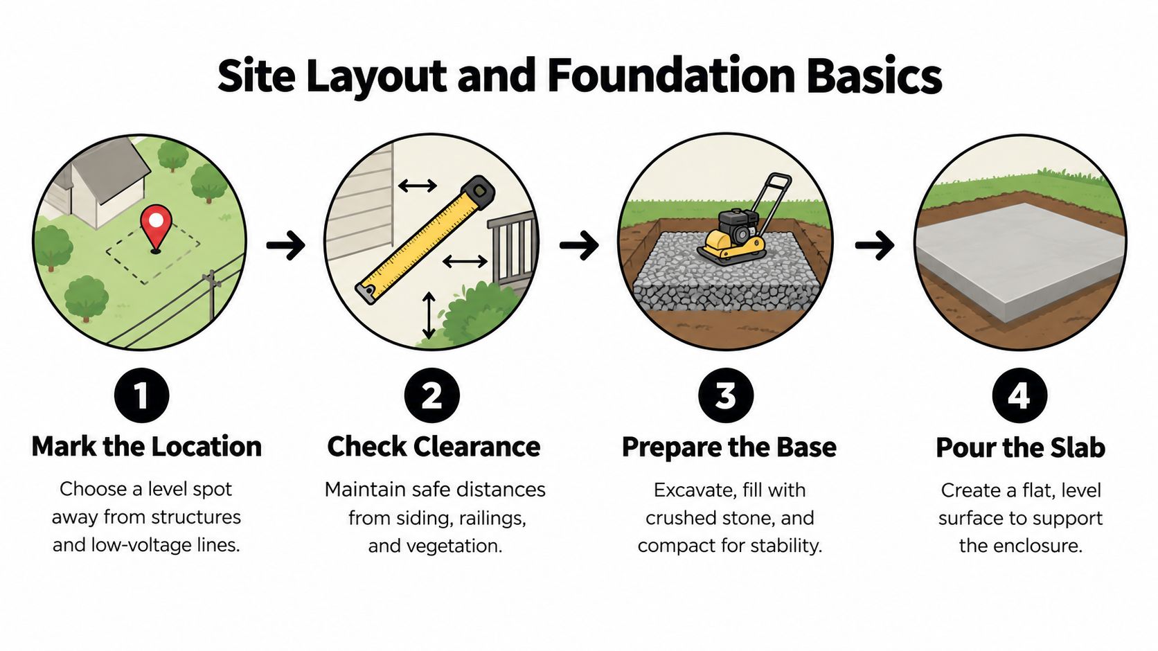 A four-step infographic illustrating the site layout and foundation construction process for an outdoor structure installation.