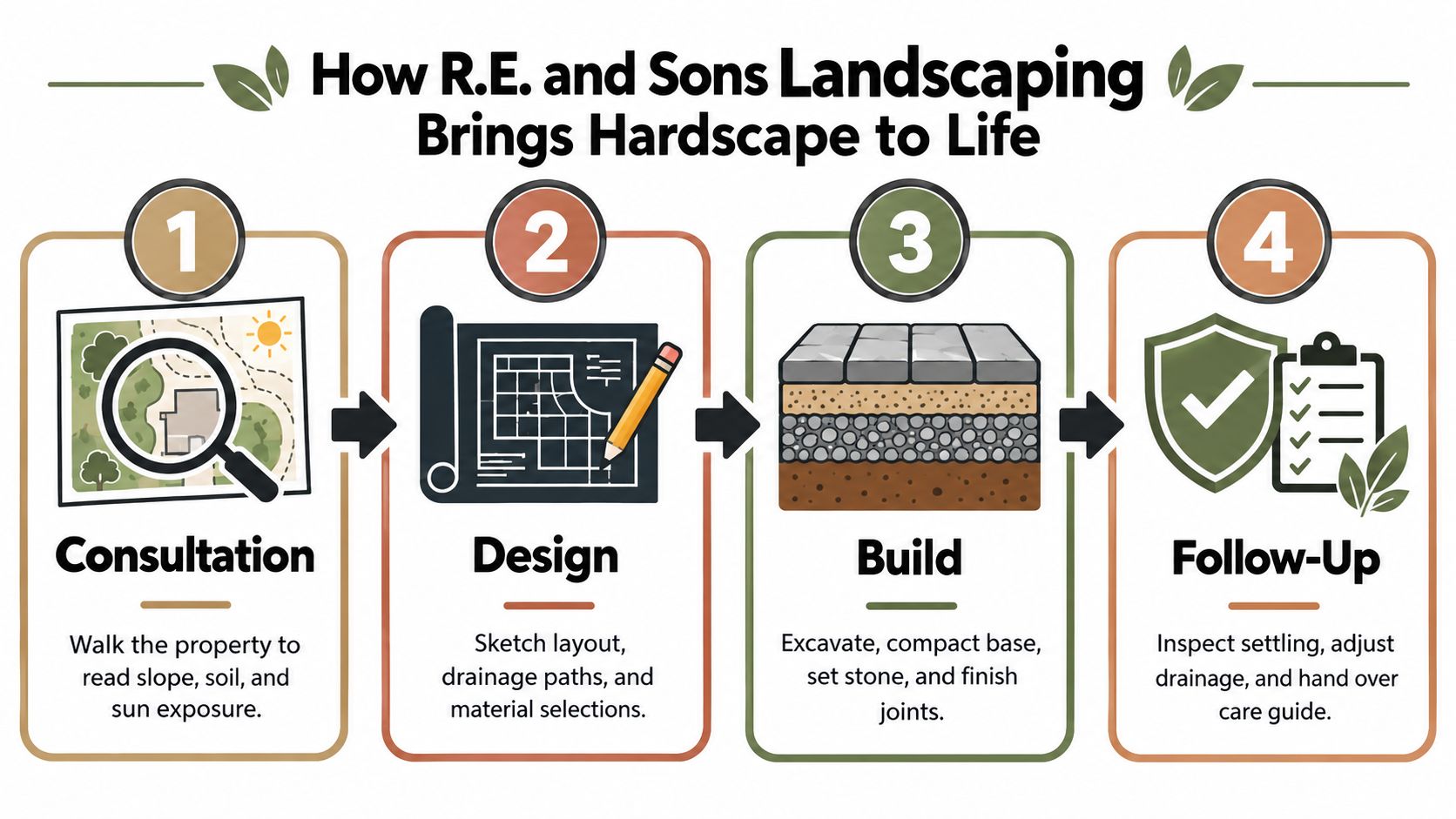 A four-step infographic illustrating the R.E. and Sons Landscaping process from initial consultation to final follow-up.