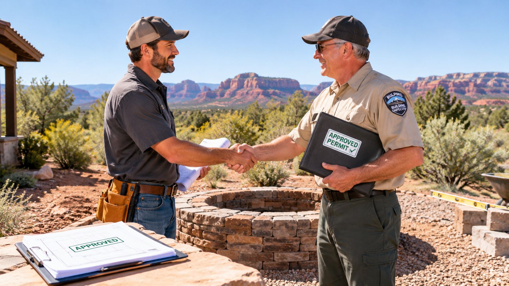 A construction worker and a building inspector shaking hands at an outdoor fire pit construction site.