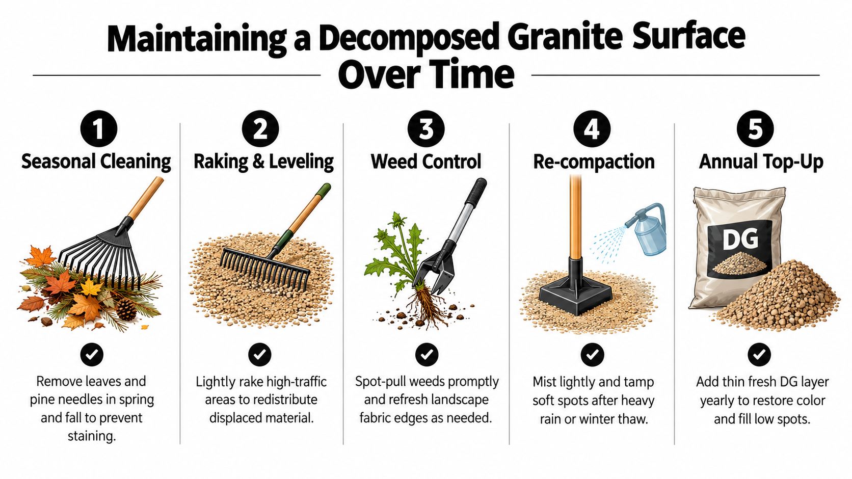 An infographic detailing five essential steps for maintaining a decomposed granite surface over time.