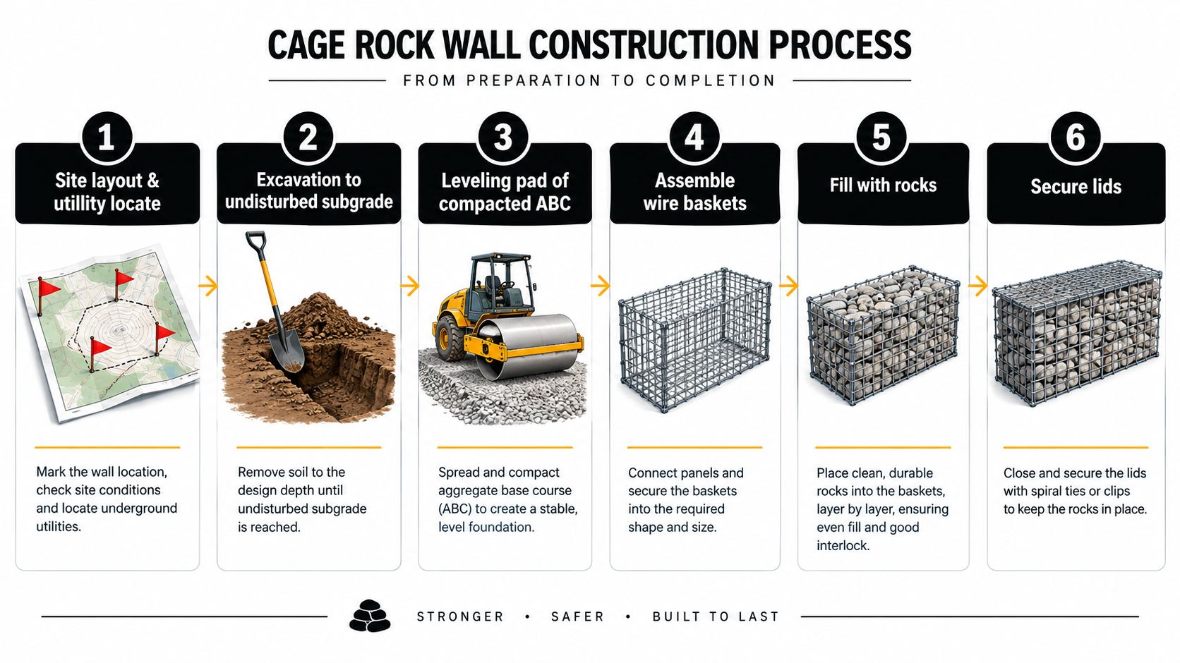 A six-step infographic illustrating the professional construction process for building a gabion cage rock retaining wall.
