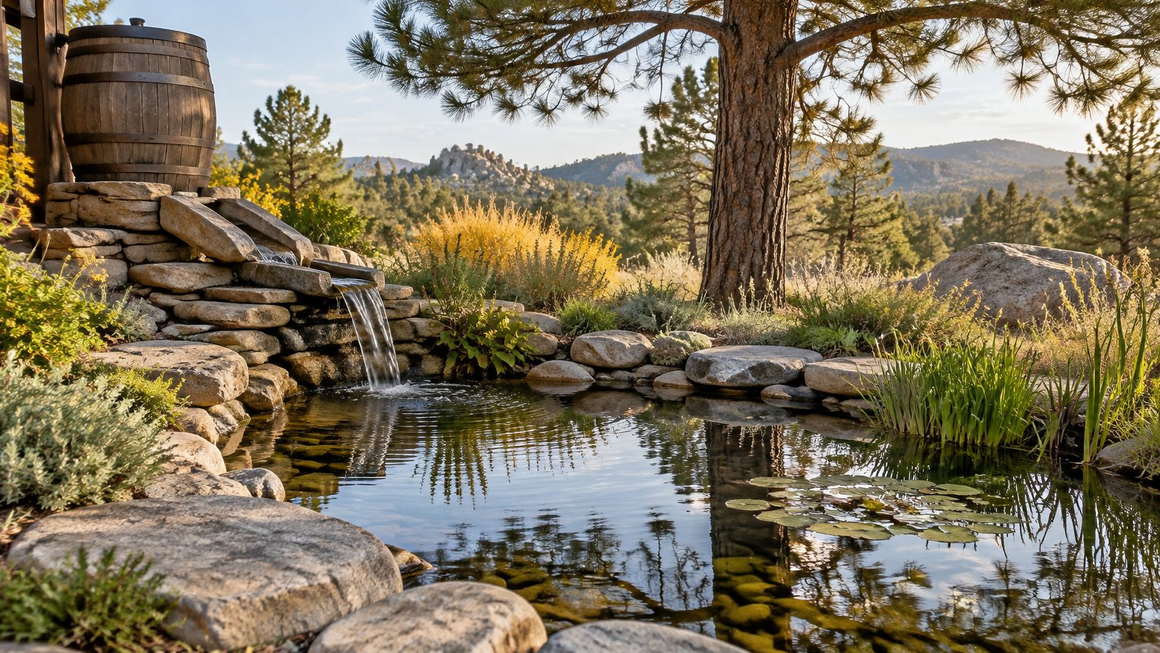A scenic garden pond with a rustic barrel waterfall, stone landscaping, and lush greenery in a forest setting.