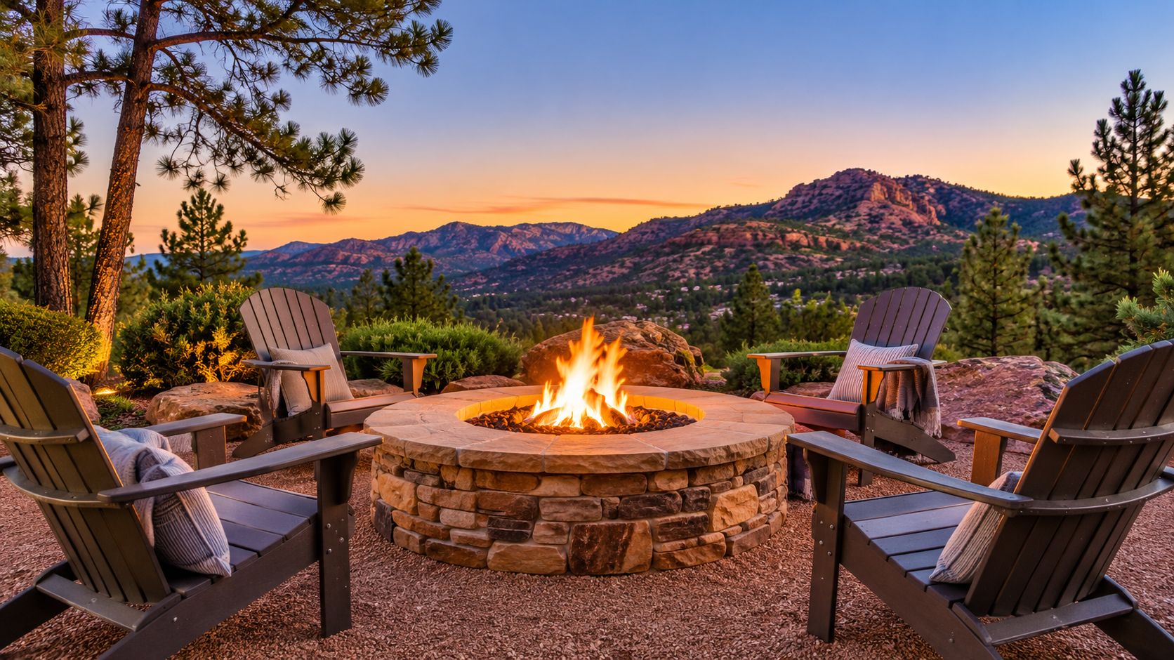 A cozy outdoor setting with Adirondack chairs surrounding a glowing stone fire pit at sunset with mountains.