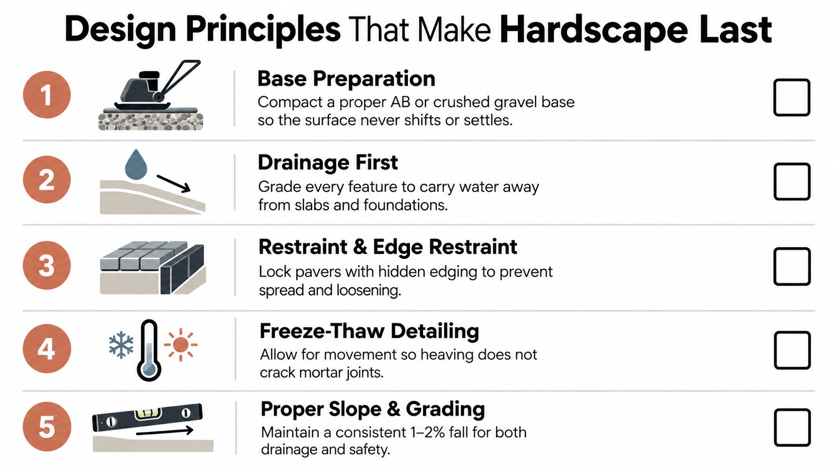 A five-point infographic detailing essential construction design principles for creating long-lasting, durable residential hardscape projects.