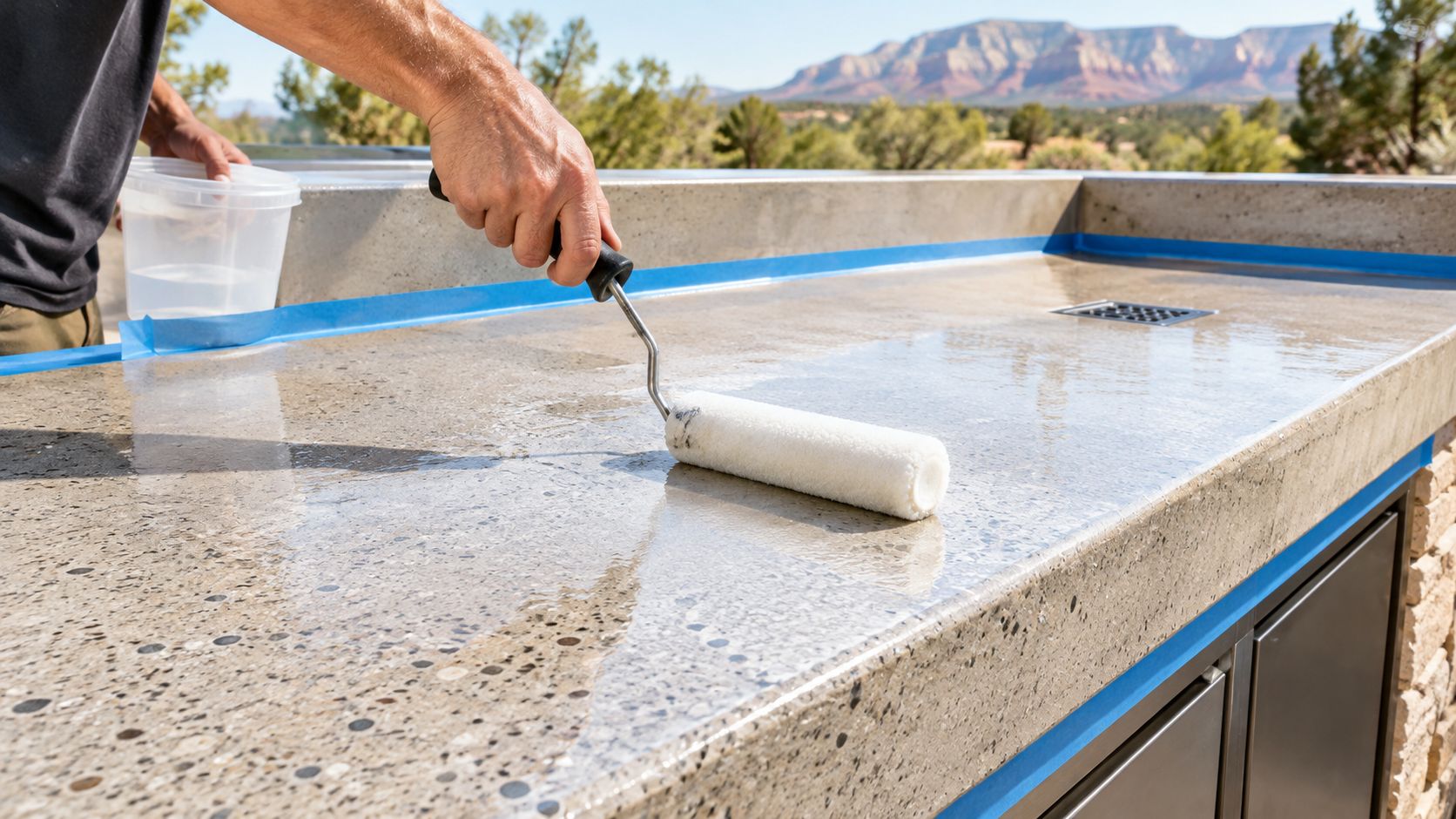 A person applying a protective sealant to a smooth concrete countertop in an outdoor kitchen setting.