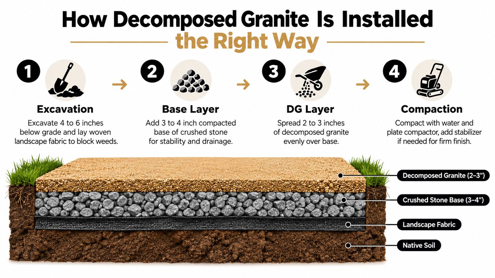 An infographic detailing the four-step installation process for decomposed granite landscaping projects with cross-section layers.