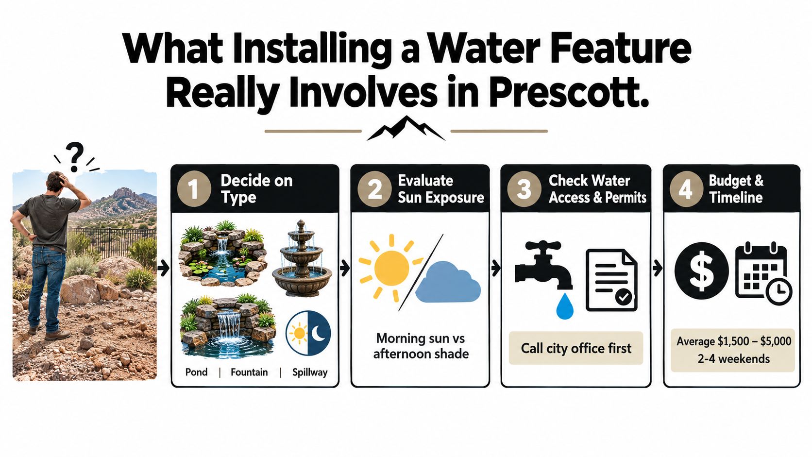 An infographic detailing the four steps for installing a water feature in a Prescott landscape.