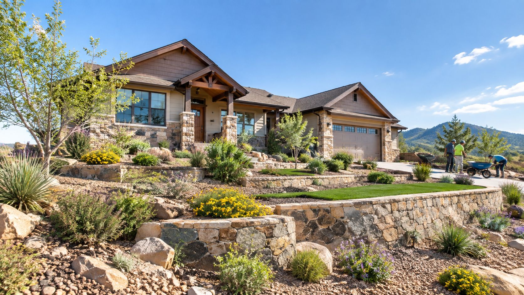 A professional retaining wall installation featuring natural stone masonry in front of a modern residential home.