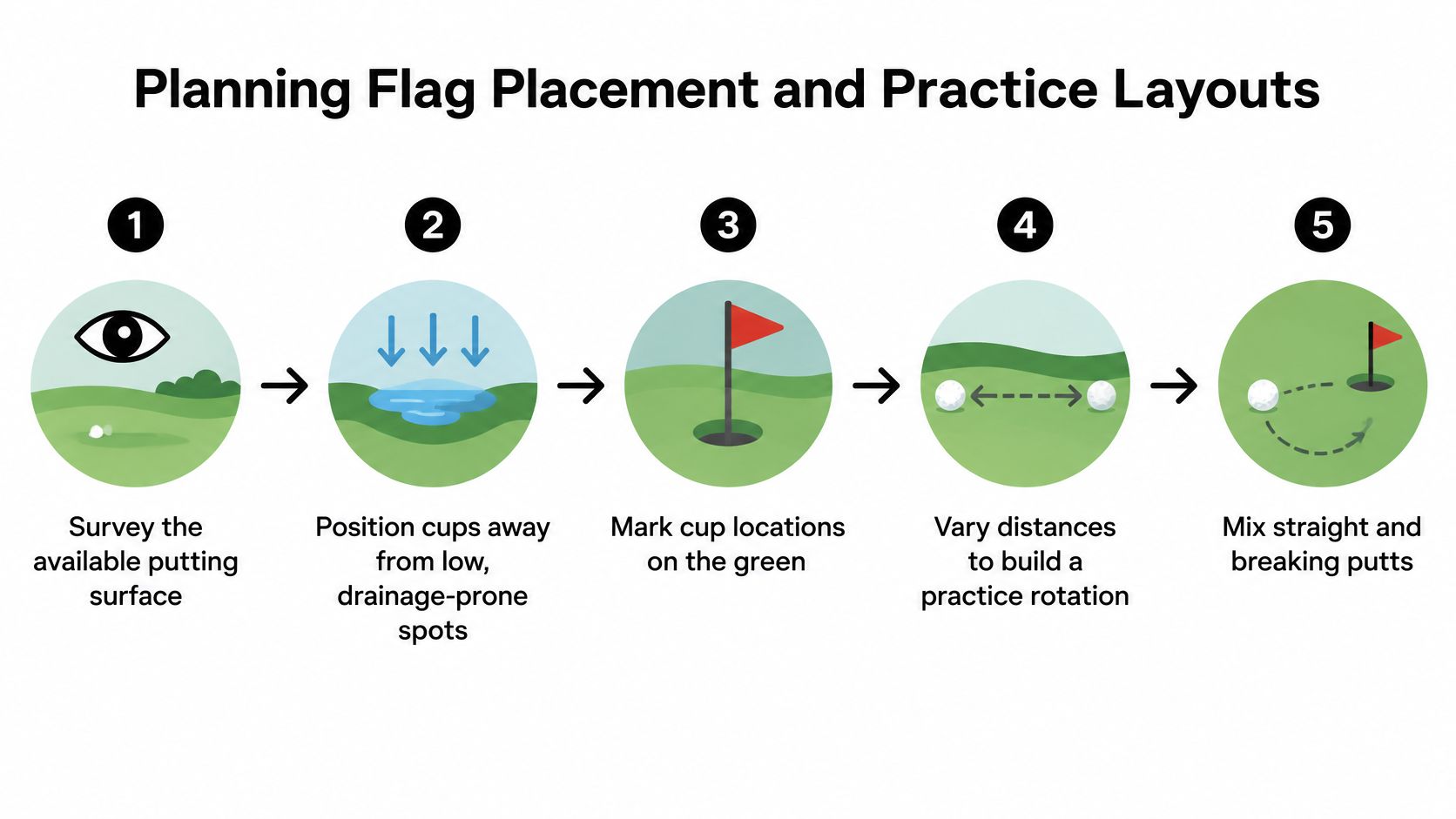 An infographic illustrating five steps for planning golf flag placement and putting green practice layouts.