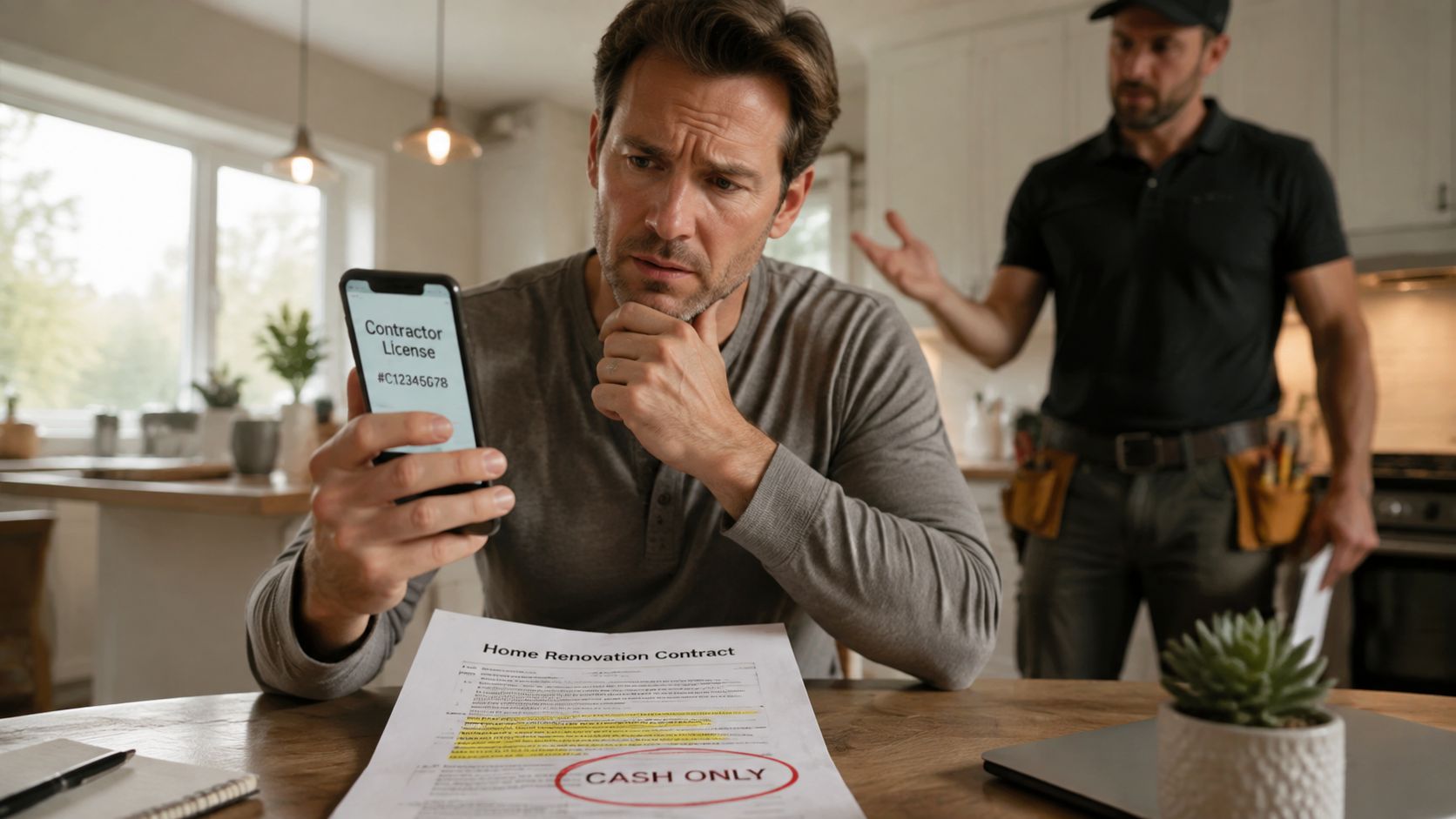 A concerned homeowner checking a contractor license on a smartphone while reviewing a suspicious home renovation contract.