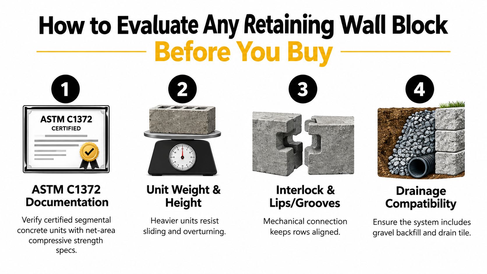An infographic showing four steps to evaluate retaining wall blocks before purchase including certifications and drainage.