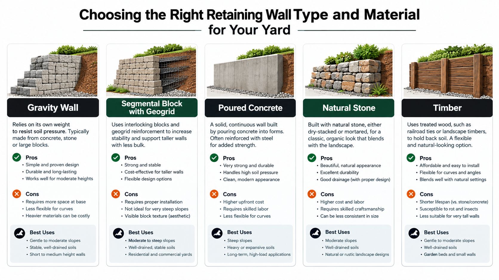 A comprehensive infographic comparing five different types of retaining walls, including gravity, segmental, concrete, stone, and timber.