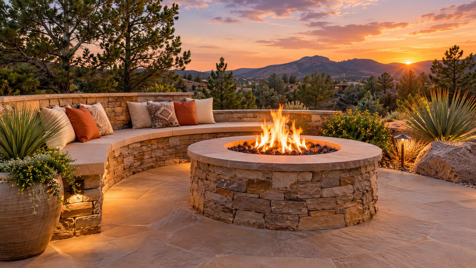 A cozy stone circular fire pit with seating on a patio at sunset with mountain views.