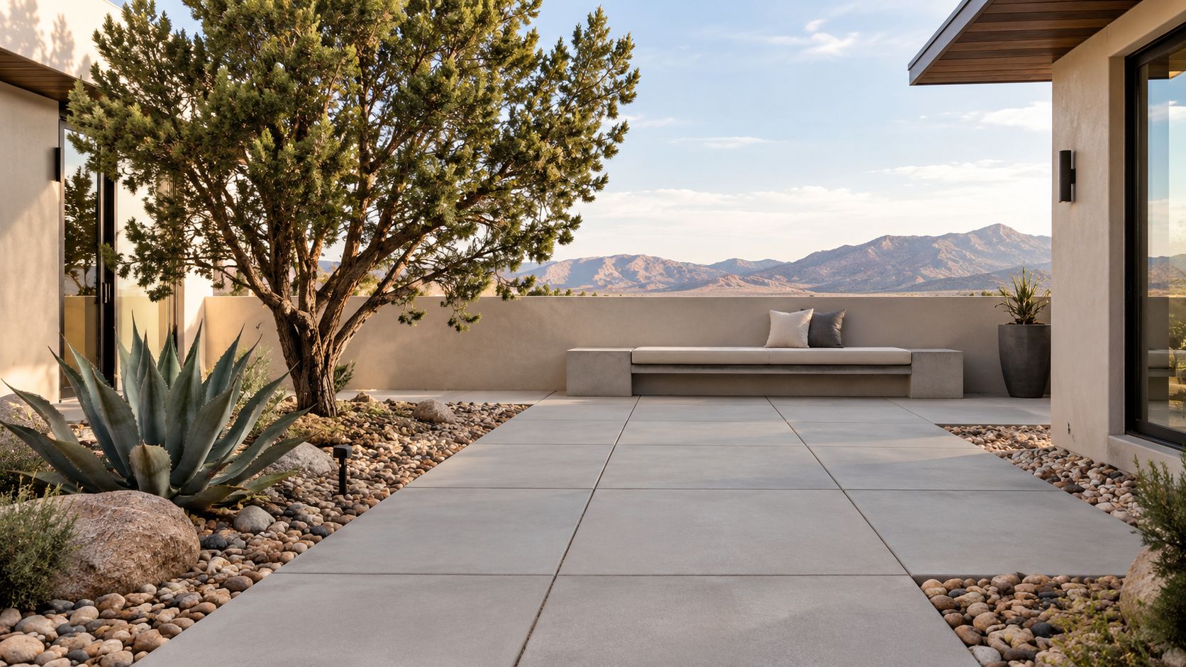 A modern patio featuring large concrete pavers surrounded by river rocks, a built-in bench, and mountain views.